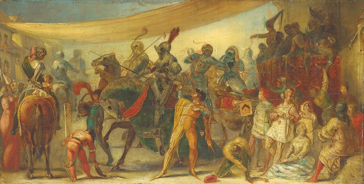 Cavalieri che si preparano per un torneo
